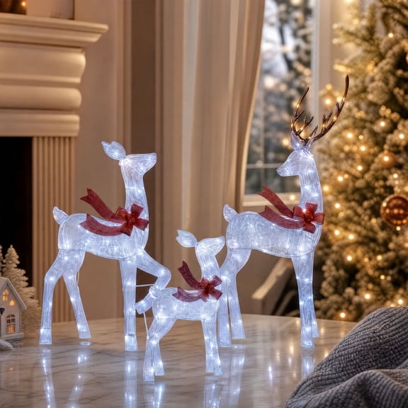 Trovenix Christmas Lighted Reindeer Yard Decor, 3 Piece Acrylic Reindeer Family Set with Warm White LED Lights, Indoor Outdoor Decoration for Garden Lawn Home