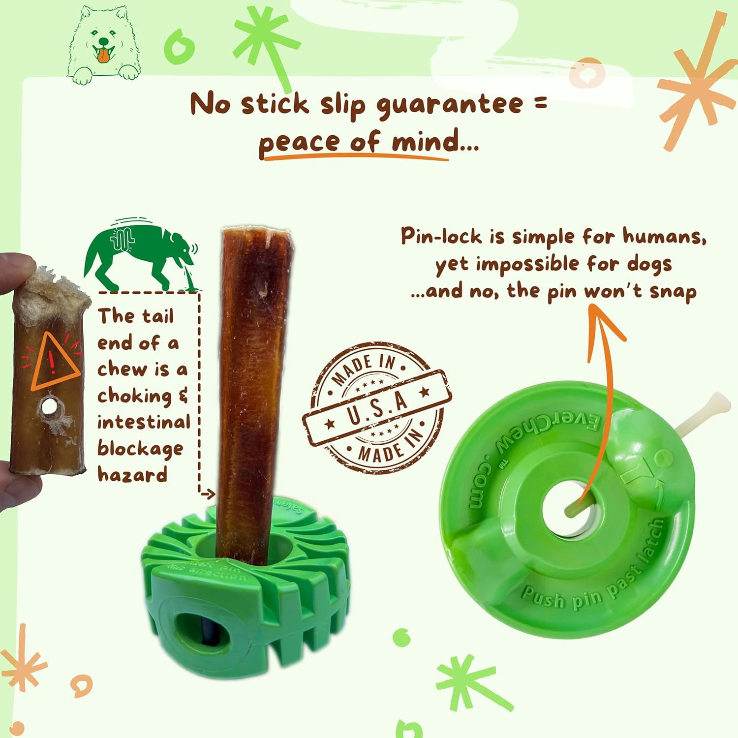Anti-Choking Bully Stick Holder Medium Dogs & Small Power Chewers - USA Made Pin-Lock SafetyChew + Thick 6" Stick | Dogs 16-40 lbs 2-3x Longer