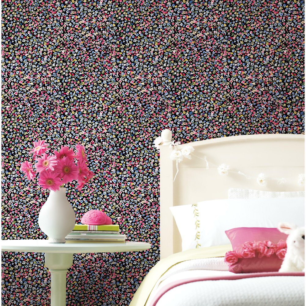 RoomMates Black and Pink Petite Floral Peel and Stick Wallpaper