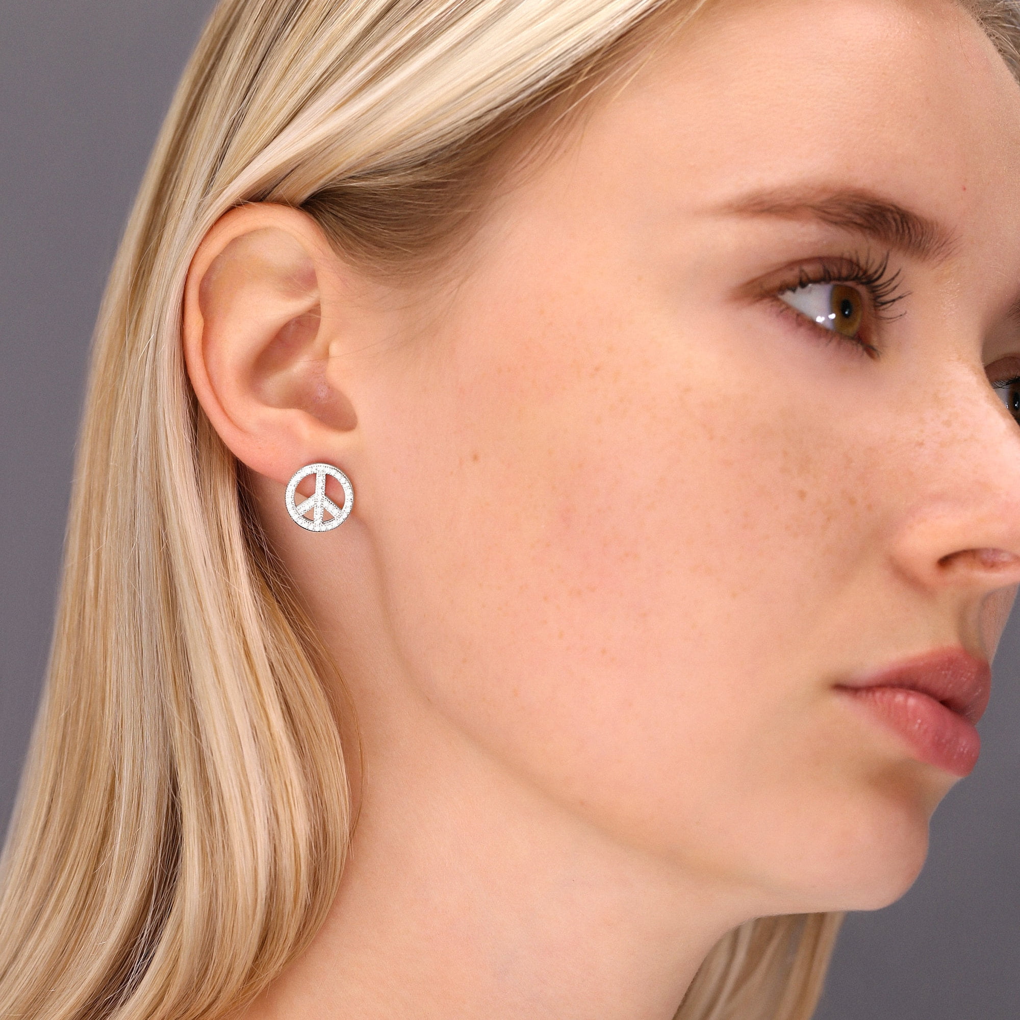Tilo Jewelry 925 Sterling Silver Peace Sign Stud Earrings with Cubic Zirconia CZ Stones | Secure Push-Backs | Women & Unisex