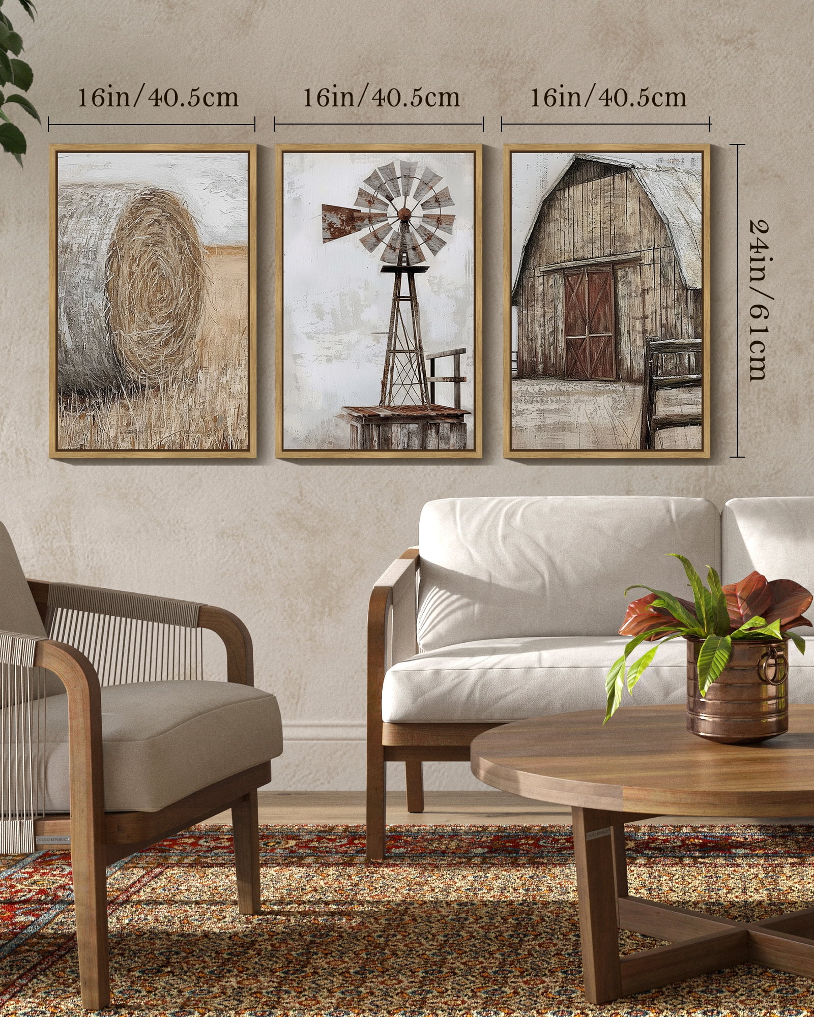 16x24in Natural Framed Farmhouse Wall Art Vintage Rustic Windmill Barn Cornfield Pictures Framed Painting Landscape Countryside Rural