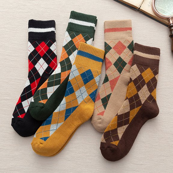 Helii Vintage Diamond Pattern Crew Socks for Men Women, Soft Breathable Mid-Calf Retro Socks with Striped Cuff, Unisex Fashion Socks for Daily Casual Office Wear Brown,One Size