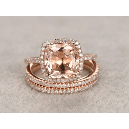 - Big 3 Carat Cushion Cut Morganite and Diamond Halo Trio Wedding Ring Set in Rose Gold