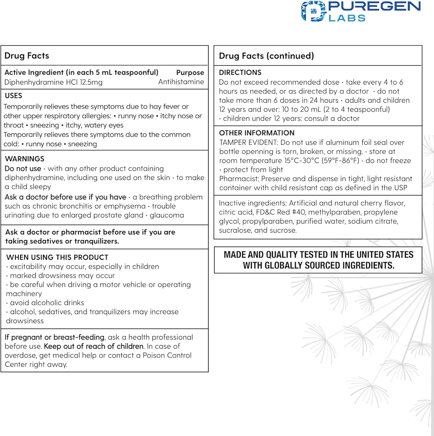 Puregen Labs Allergy Relief Oral Solution - Diphenhydramine HCl 12.5mg/5 mL Antihistamine - Cherry Flavor - 16 Ounces - 3PK
