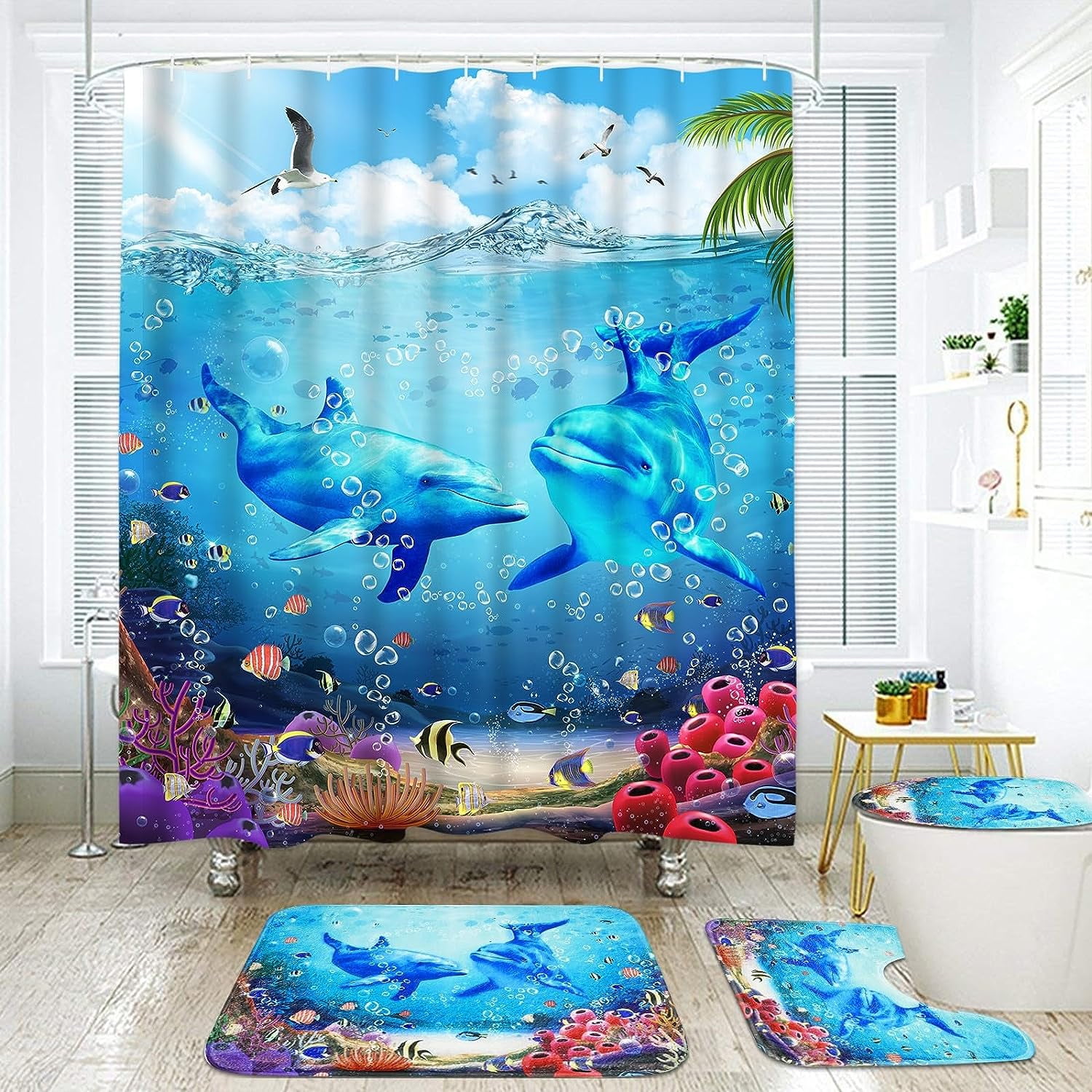 Blue Dolphin Shower Curtain and Rug Sets, 4 Pc Ocean World Bathroom Sets