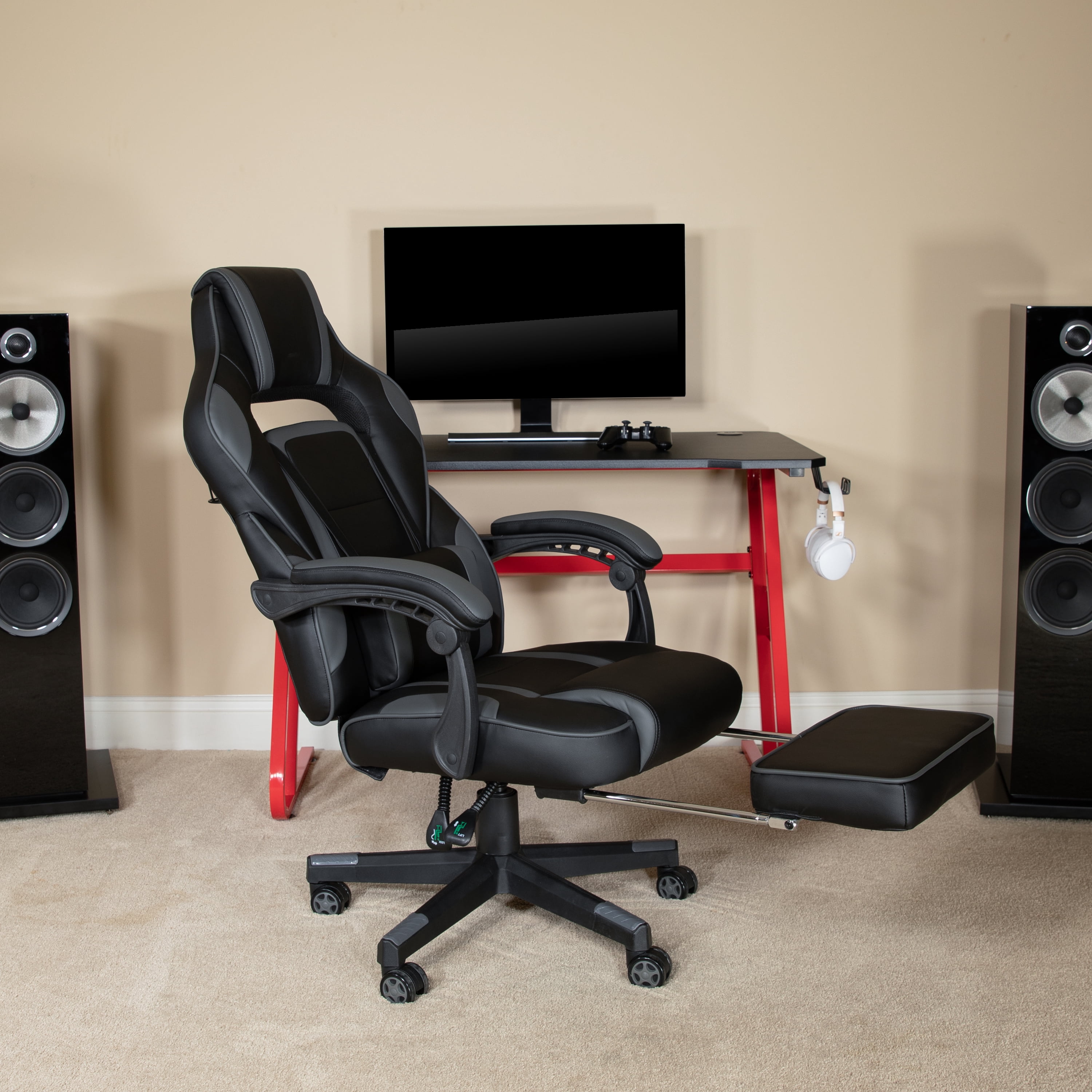 Emma + Oliver Black/Gray Ergonomic Gaming Chair -Recline Back/Arms, Footrest, Massaging Lumbar