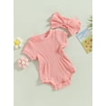 thumbnail image 4 of VOLTEY Toddler Baby Girls Summer Romper Clothes Set, Solid Color Ribbed Short Sleeve Romper with Bow Headband Outfits for Infant Girls ,0-18 Months, 4 of 9