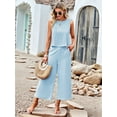 thumbnail image 5 of Women'S Summer 2 Piece Outfits Set Round Neck Sleeveless Tank Crop Top Wide Leg Pants Set with Pockets Light Blue L, 5 of 8