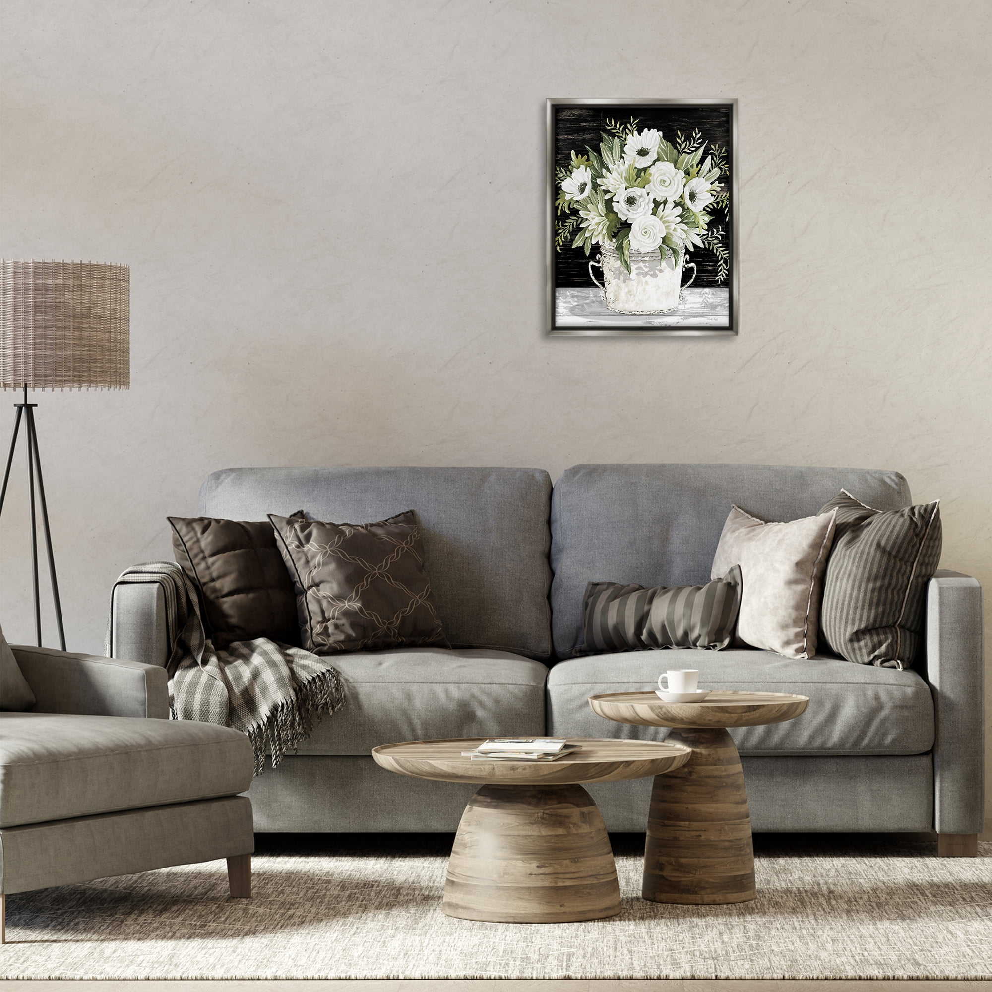 Stupell Industries White Flowers Country Tin Plants & Flowers Painting Gray Floater Framed Canvas Art Print Wall Art, 17 x 21