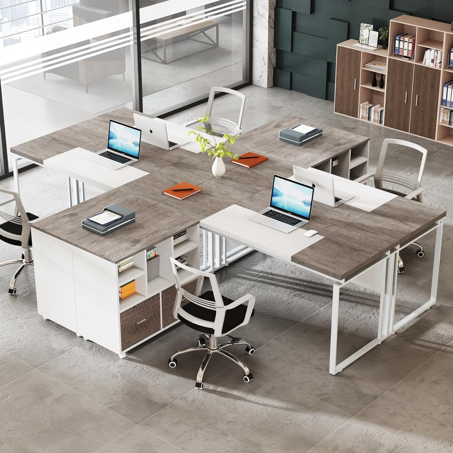 L-Shaped Executive Desk with Reversible File Cabinet, 3" Office Desk with Storage Drawers, Gray & White