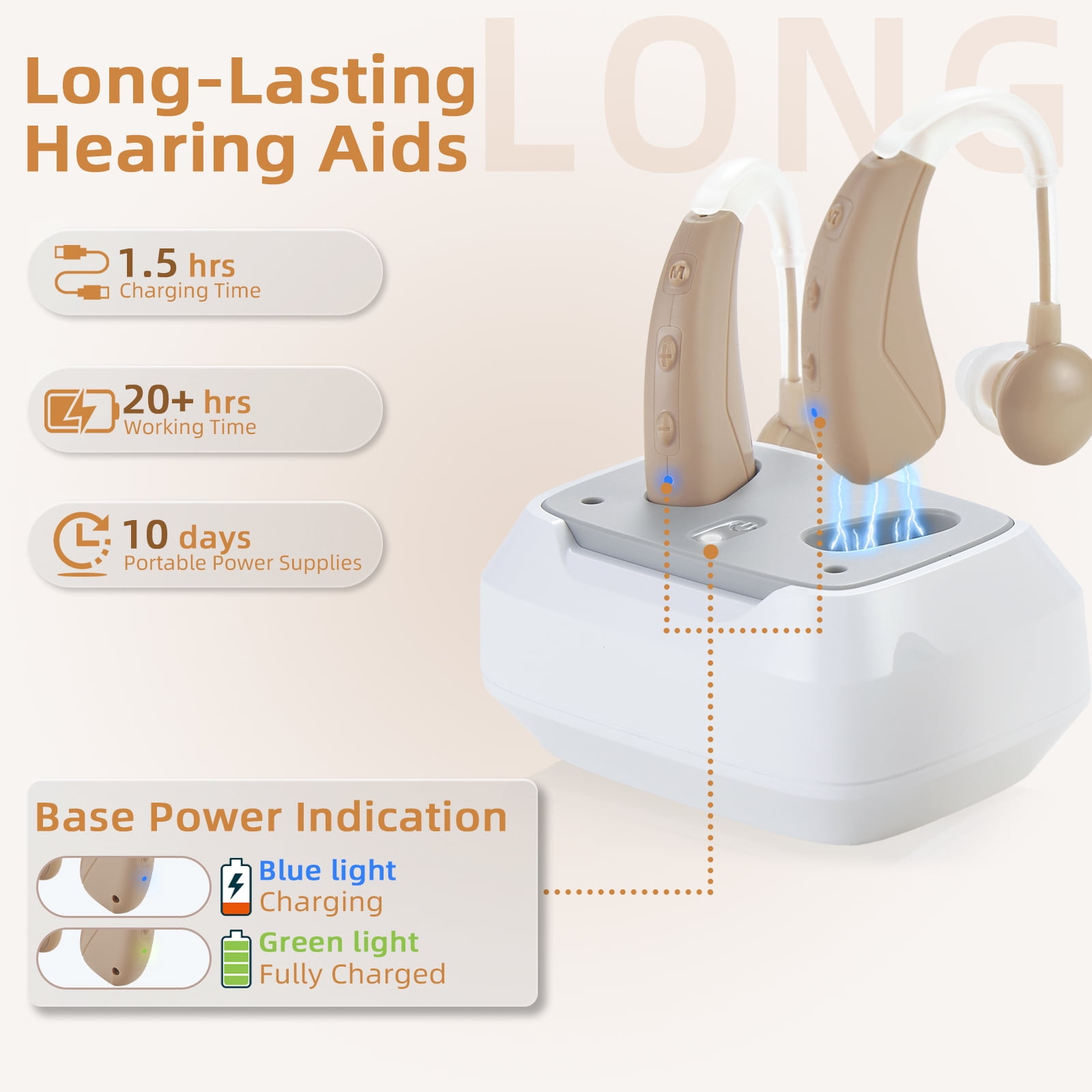 Delmicure Rechargeable Hearing Aids for Seniors, 4-Mode, Digital, Magnetic Charging, VHP-1021, Button Control, Beige