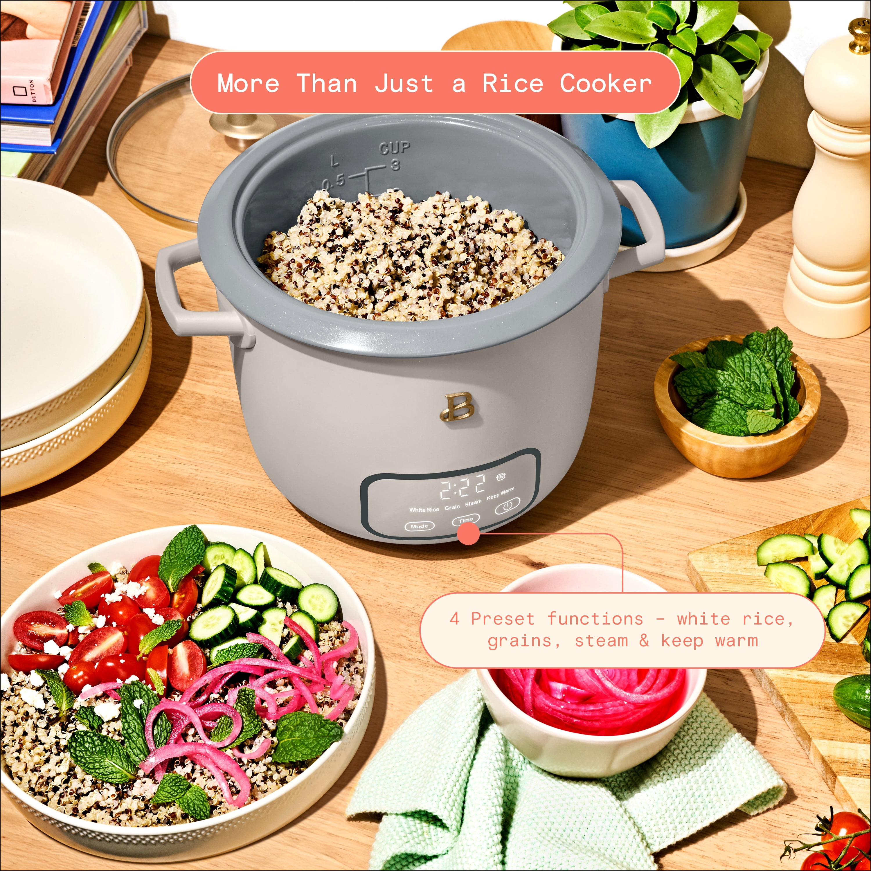 Beautiful 6-Cup Cooked, 3-Cup Uncooked Digital Electric Rice and Grain Cooker with Glass Lid, Porcini Taupe by Drew Barrymore