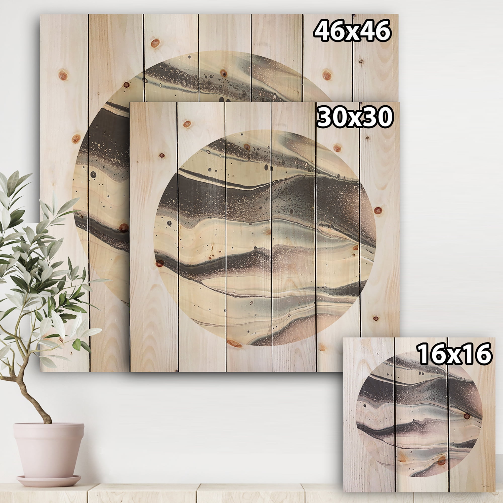 Designart 'Circle Marble II' Modern Geometric Print on Natural Pine Wood
