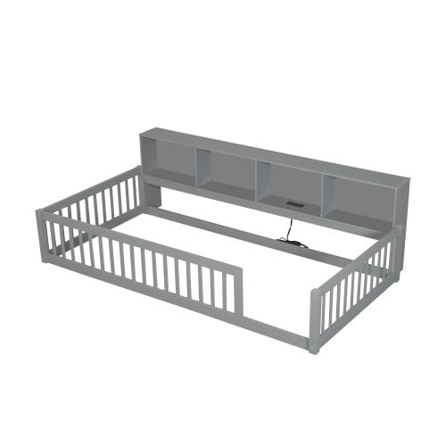 Bellemave Twin XL Size Floor Bed with Storage Cabinet Twin XL Wood Bed Frame with Headboard and Guardrails Twin XL Storage Bed Frame with Charging Station Low Floor Bed, Gray