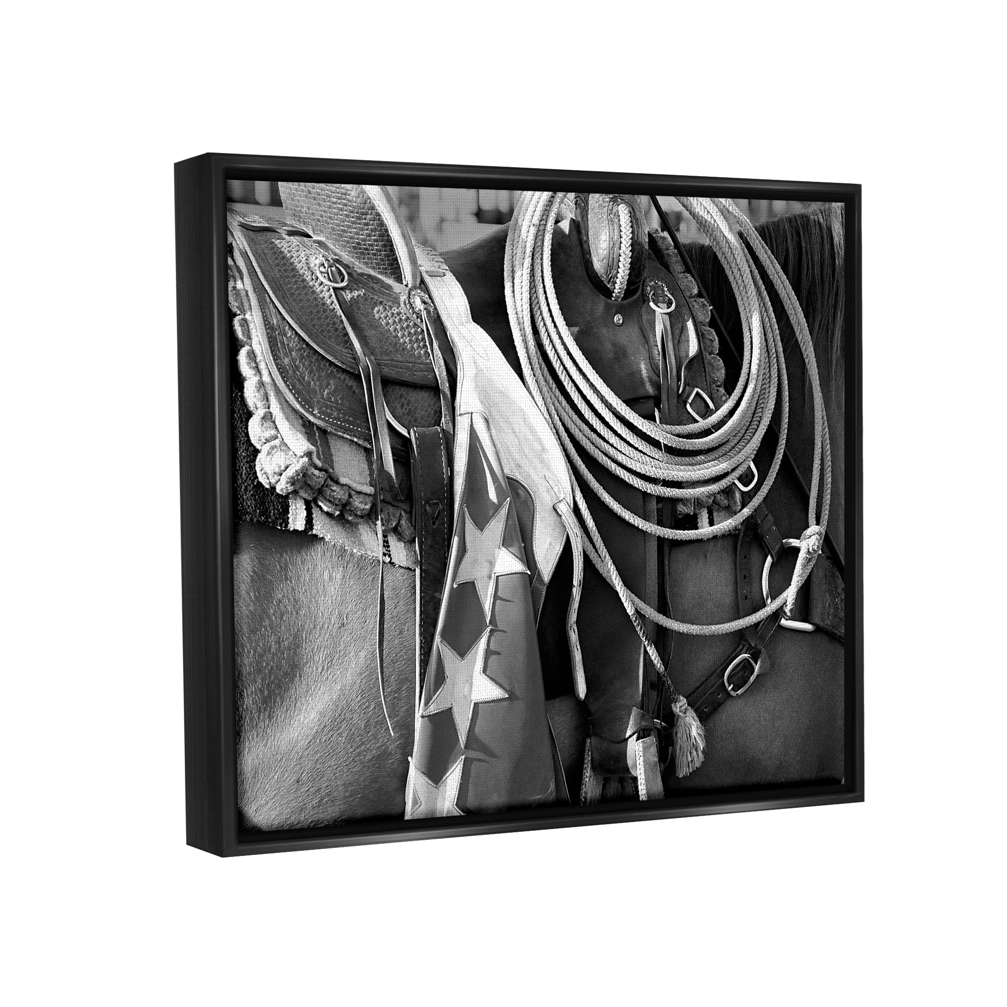 Stupell Industries Equestrian Saddle Photography Animals & Insects Photography Black Floater Framed Canvas Art Print Wall Art, 21 x 17