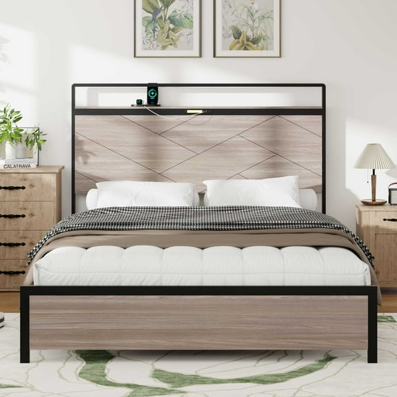 Yoneston Queen Size Bed Frame with LED Light Wood Storage Headboard and USB Charging Station Metal Platform Bed for Kids, Adults, Teens, Gray