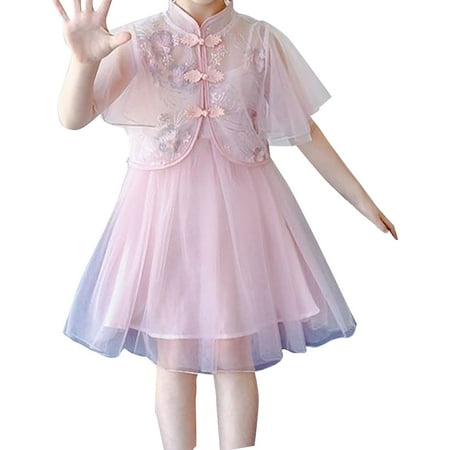 

Summer New Tang Suit Solid Color Mesh Girl Dress Fairy Sling Dress With Outer Shirt Summer Girl Clothes