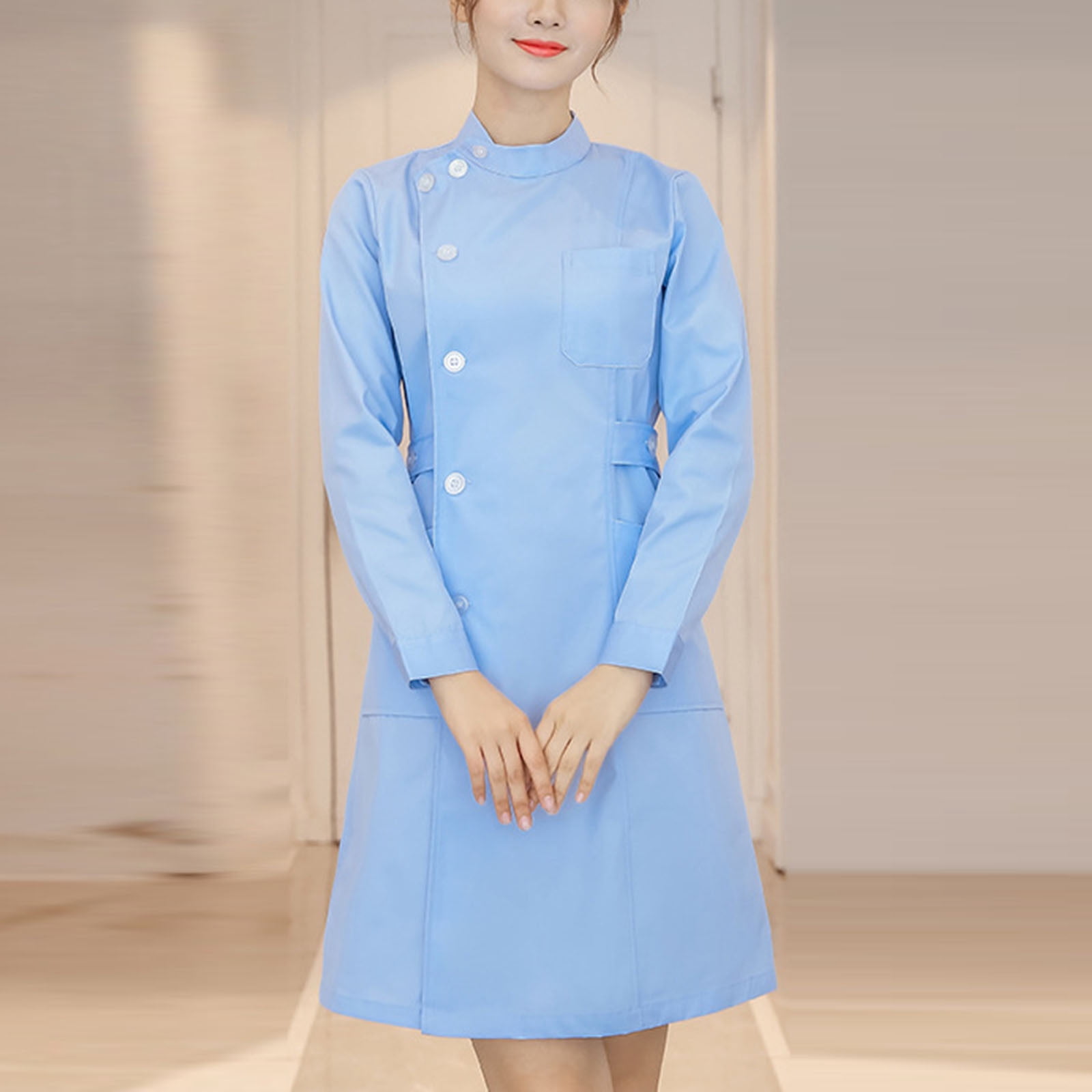WULMLEO Scrubs Dress for Women Wrap Knee Length Casual Short Sleeve & Long Sleeve Nursing Dresses with Pockets Blue M