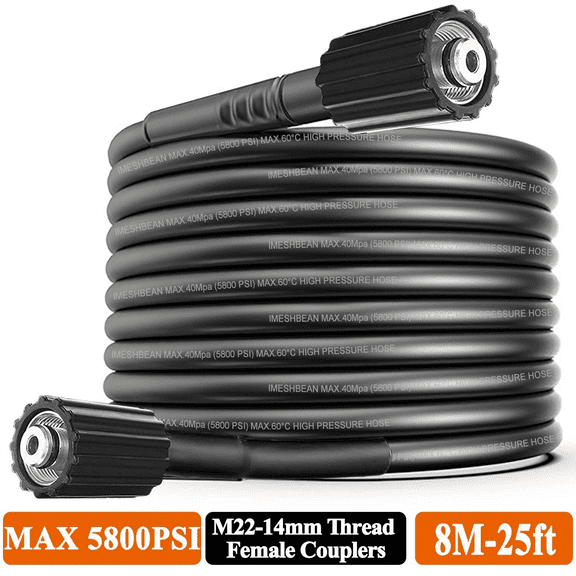 iMeshbean 25 FT High Pressure Washer Hose Replacement 5800PSI Power Washer Extension Tube M22 14mm Thread Connector