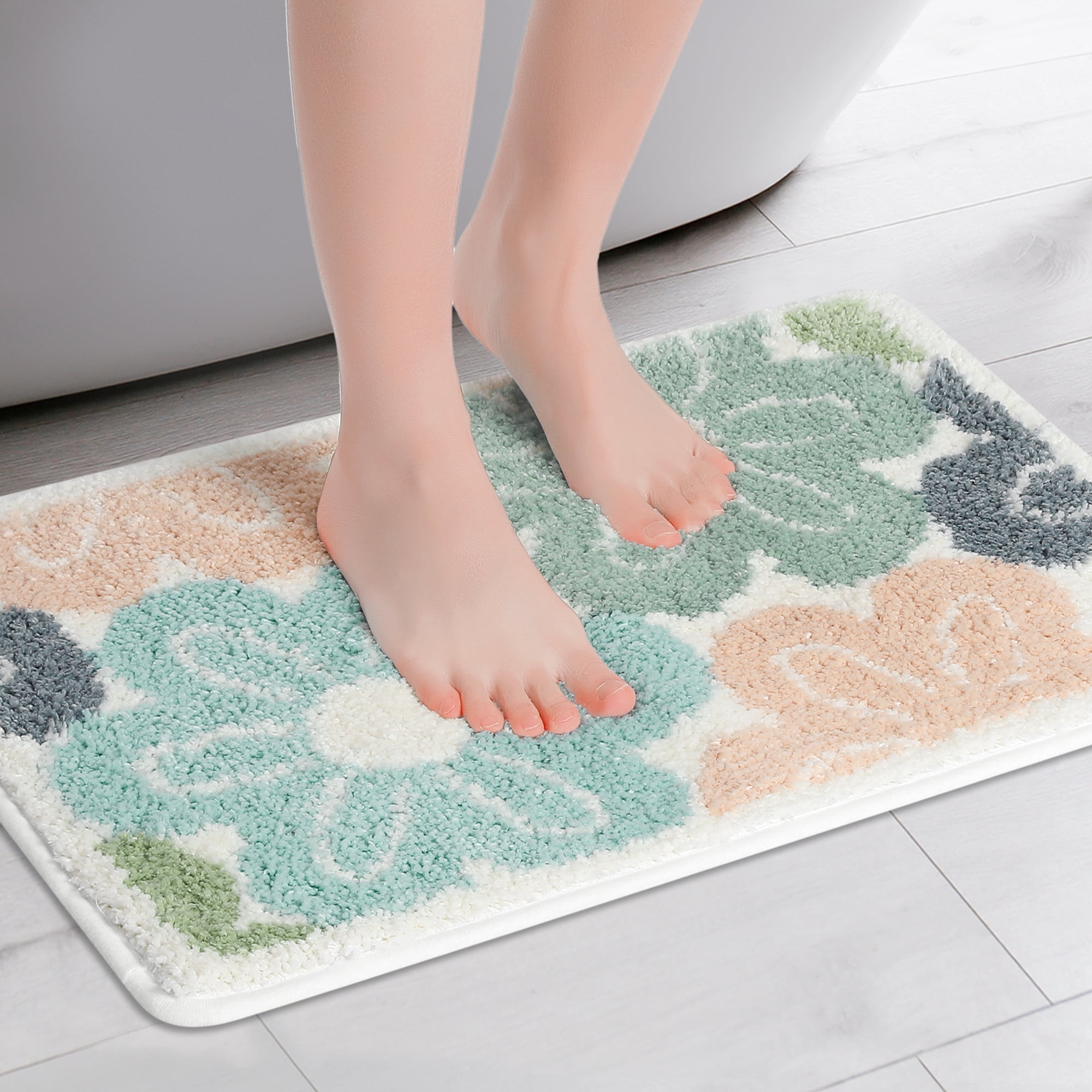 Unique Bargains Non Slip Bath Rugs Absorbent Fluffy Soft Microfiber Bathroom Floor Rug Flower 16" x 24"