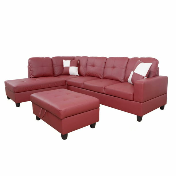 Ainehome L-Shaped Sectional Sofa Set, 3PC Red Leather Living Room ...