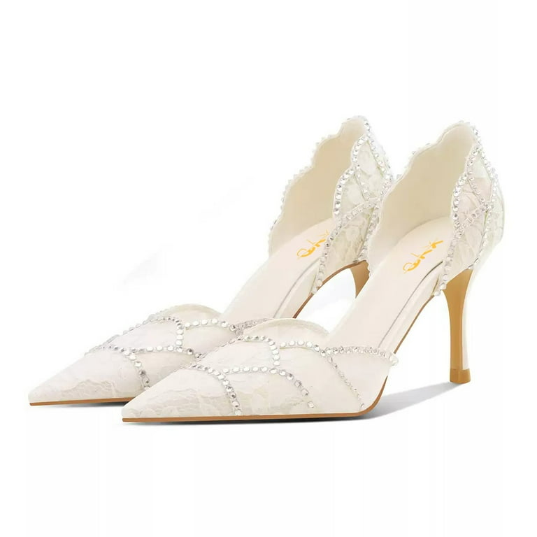 XYD Women Elegant Crystal Studs Wedding Pointed Toe Pumps Petal