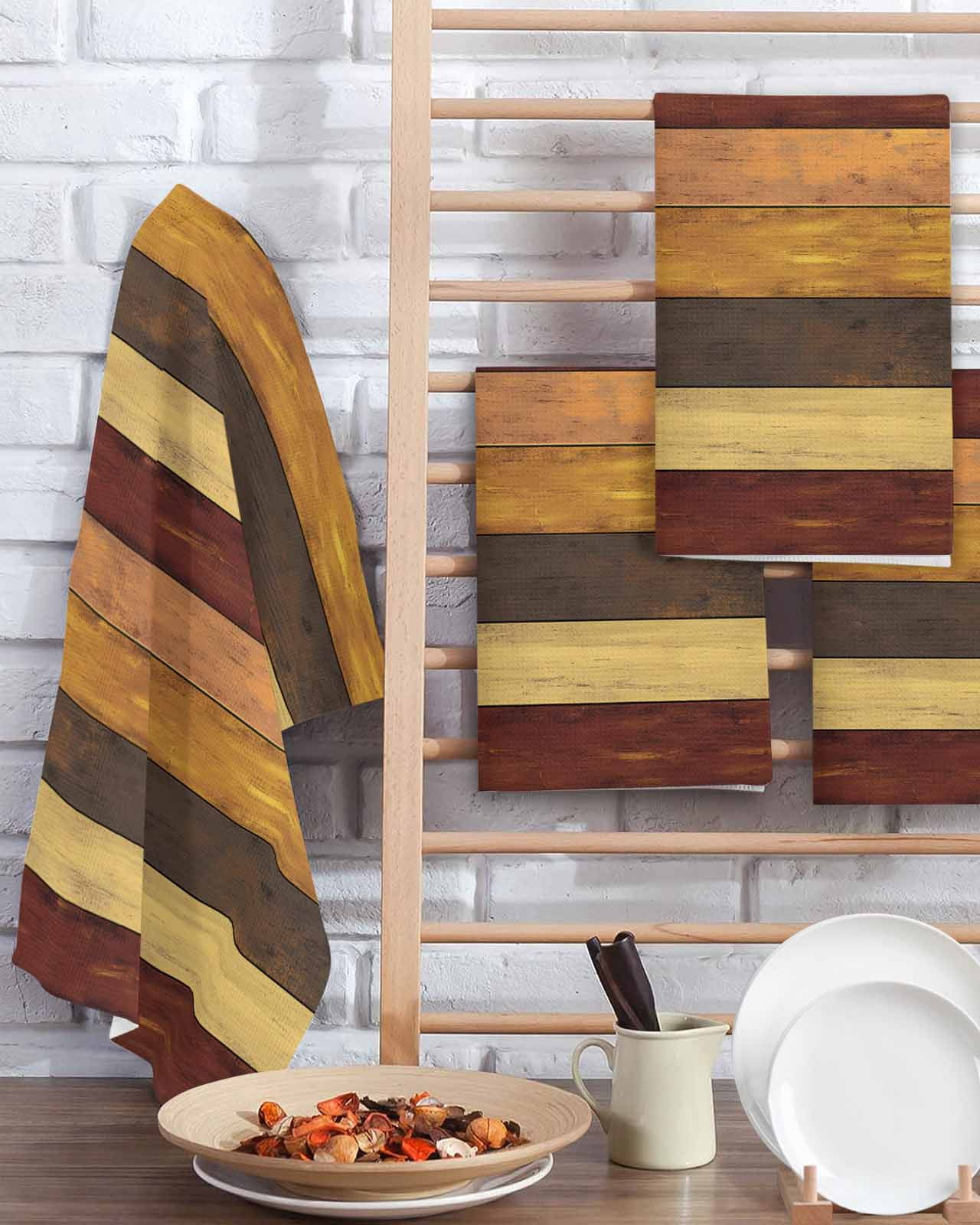 Brown Red Grey Farmhouse Kitchen Dish Towels for Drying Dishes Set of 3, Vintage Wooden Country Waffle Weave Microfiber Terry Hand Tea Bathroom Towels Quick Dry & Absorbent Towel 15.7x23.6
