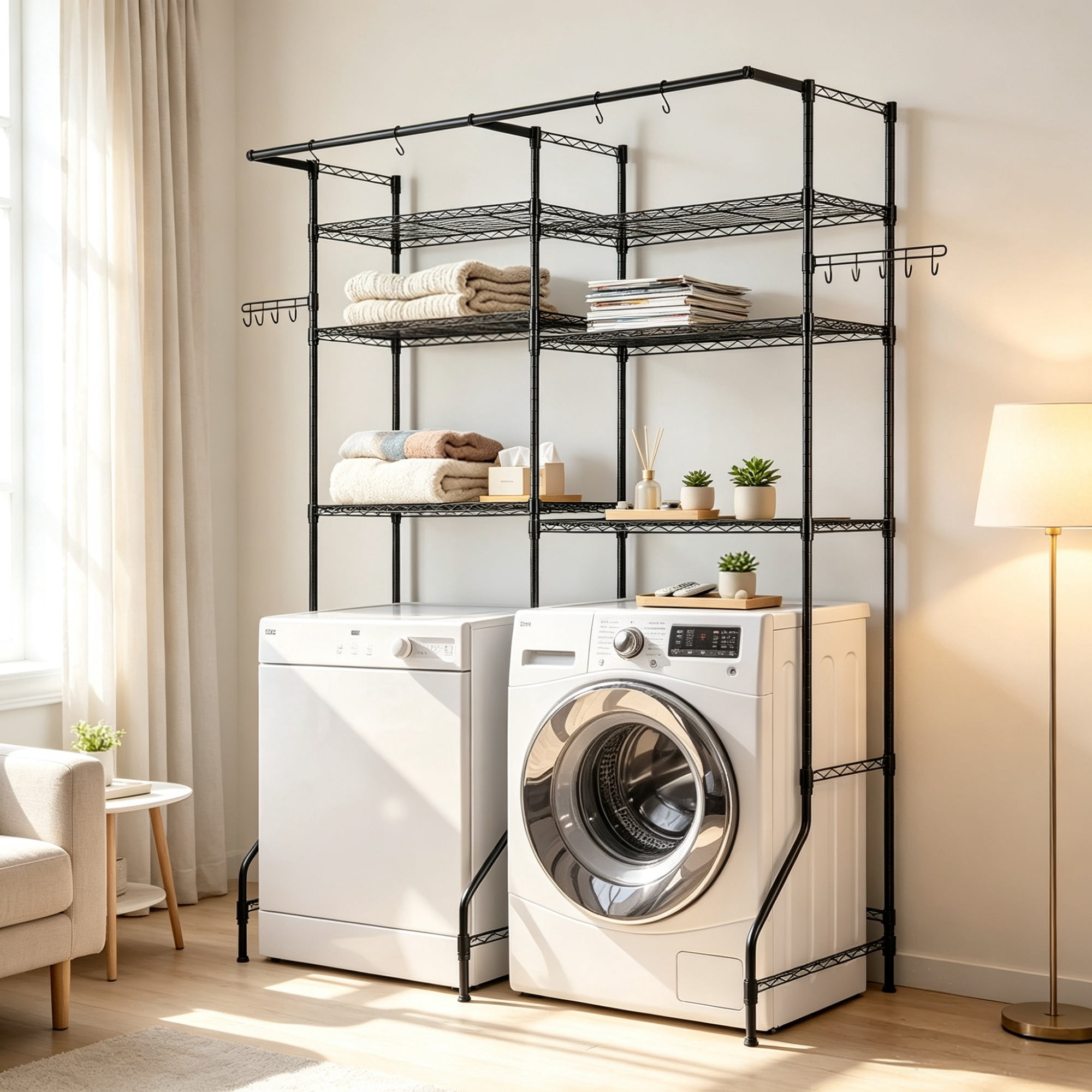 6-Tier Over Washer and Dryer Storage Shelves, Adjustable Laundry Room Organizer with Hanger Rod & Hooks