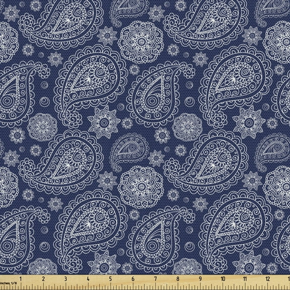 Ambesonne Blue Paisley Fabric by the Yard Upholstery, Sketch Style Motifs, 2 Yards, Indigo and White