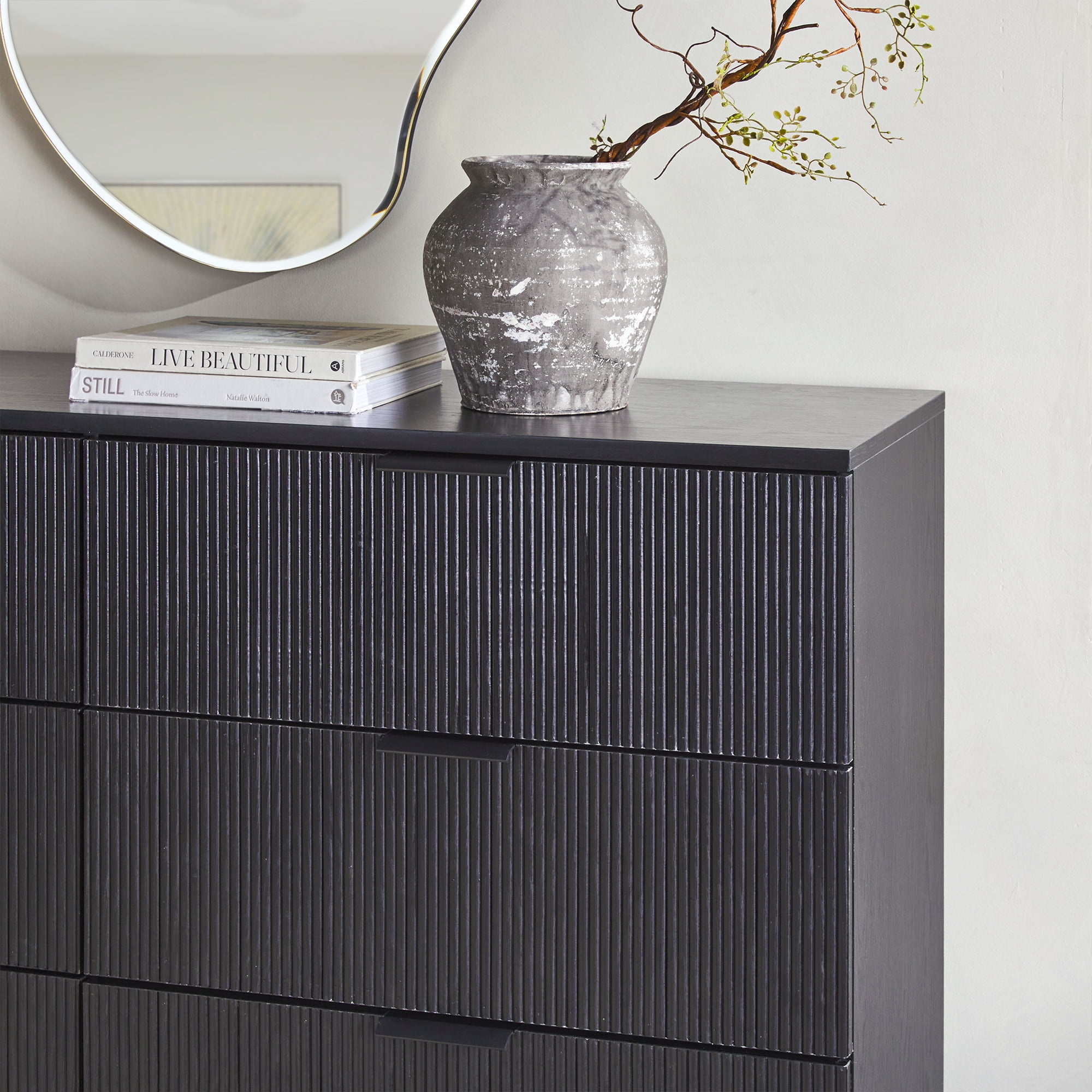 Walker Edison Mid-Century 6-Drawer Dresser with Reeded Drawer Fronts, Black