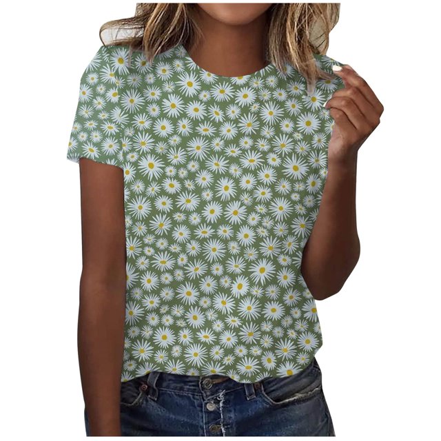 Pompotops T-Shirt Décontracté à Manches Courtes Imprimé Plissé Col Rond Ample pour Femmes