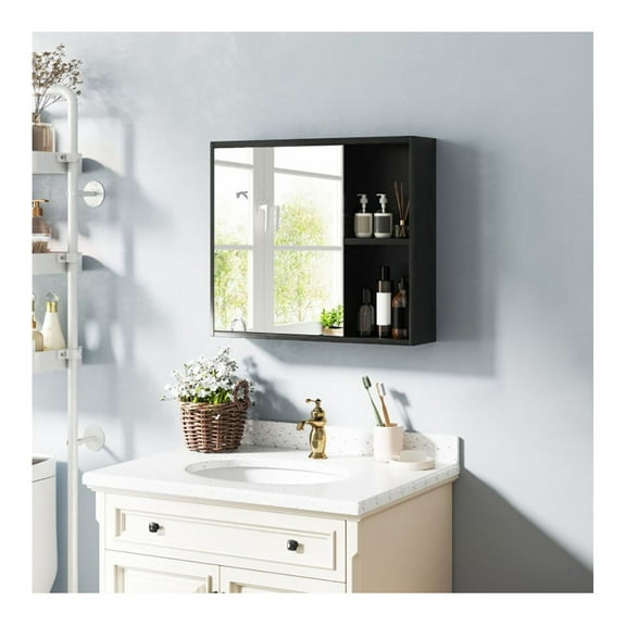 Bathroom Medicine Cabinet with Mirror Door, 25" Wall Mounted Storage Organizer, Adjustable Shelves, Black/White, for Bathroom, Entryway, Hallway - 21.5" H x 25" W