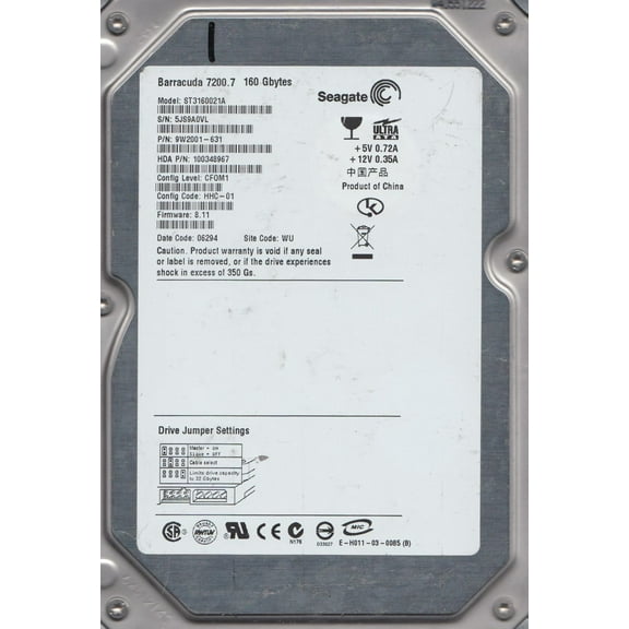 ST3160021A, 5JS, WU, PN 9W2001-631, FW 8.11, Seagate 160GB IDE 3.5 Hard Drive