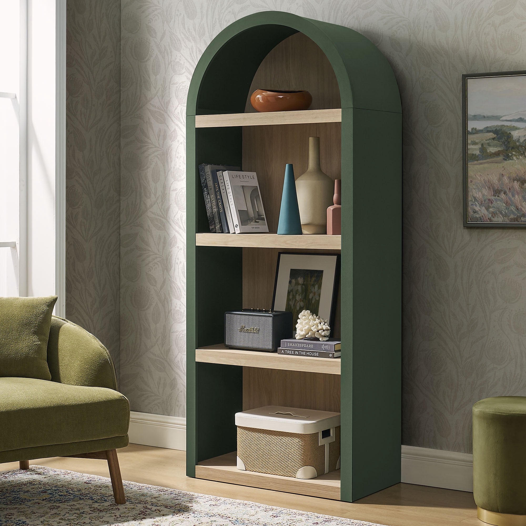 Caleb 4 Arched Display Shelf Bookcase in Hunter Green