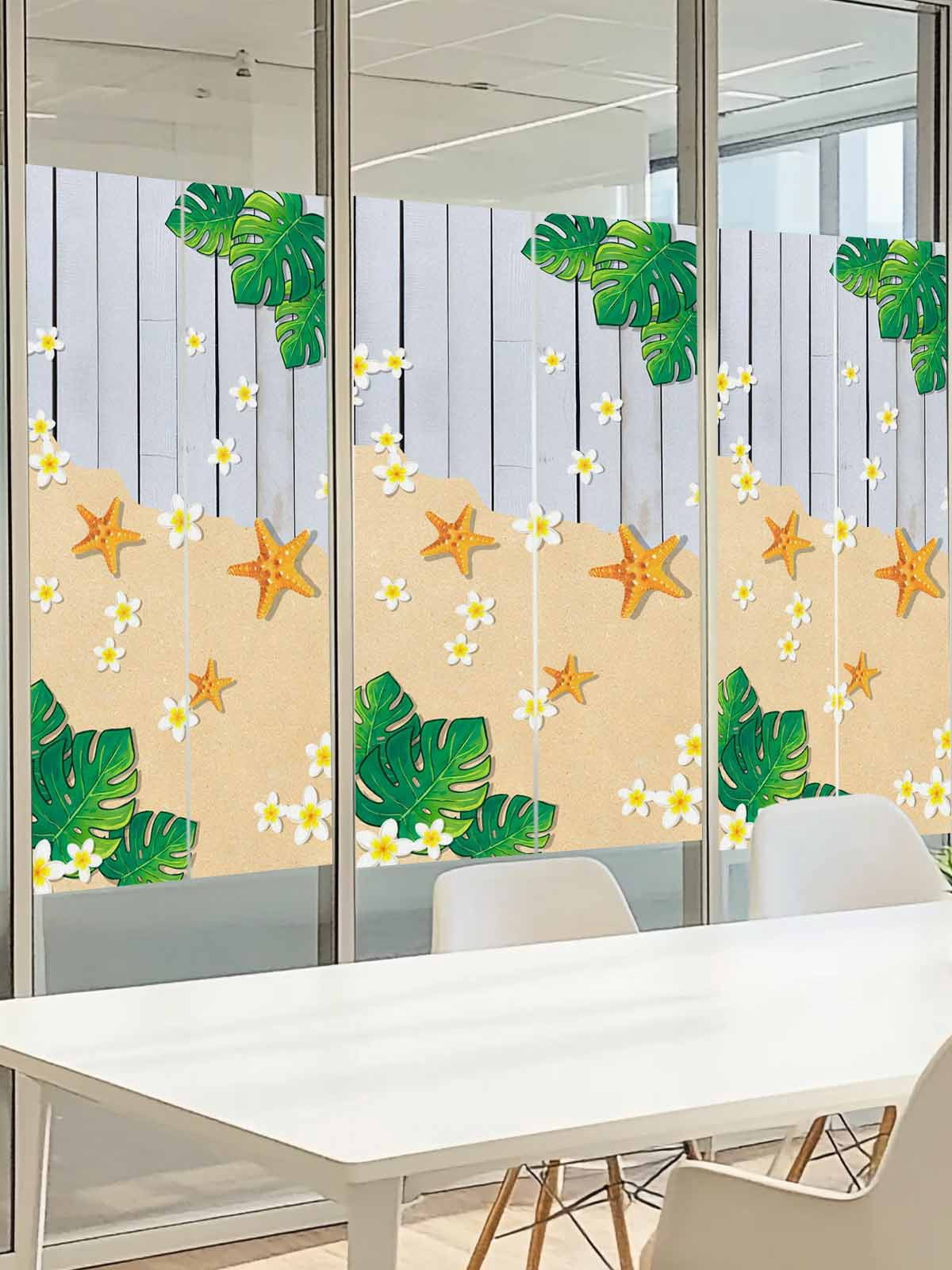 Tropical Summer Beach Window Privacy Film, Starfish Floral Monstera Gray Wood Frosted Glass Window Clings Static Cling UV Heat Blocking Reusable Door Sticker for Bathroom 23.6 x 59 Inch