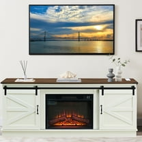 PAPROOS Fireplace TV Stand for 70" TV, Farmhouse TV Console with Charging Outlet and Sliding Door, Living Room TV Stand Media Console with Adjustable Shelves, Electric Fireplace TV Stand, White