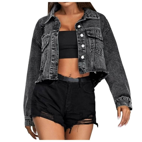 IROINNID Women's Denim Jacket Long Sleeve Solid Color Turndown Lapel Outwear, Loose Denim Jacket Short Long-Sleeve Slim-Fit Jacket Denim Blouse Jacket