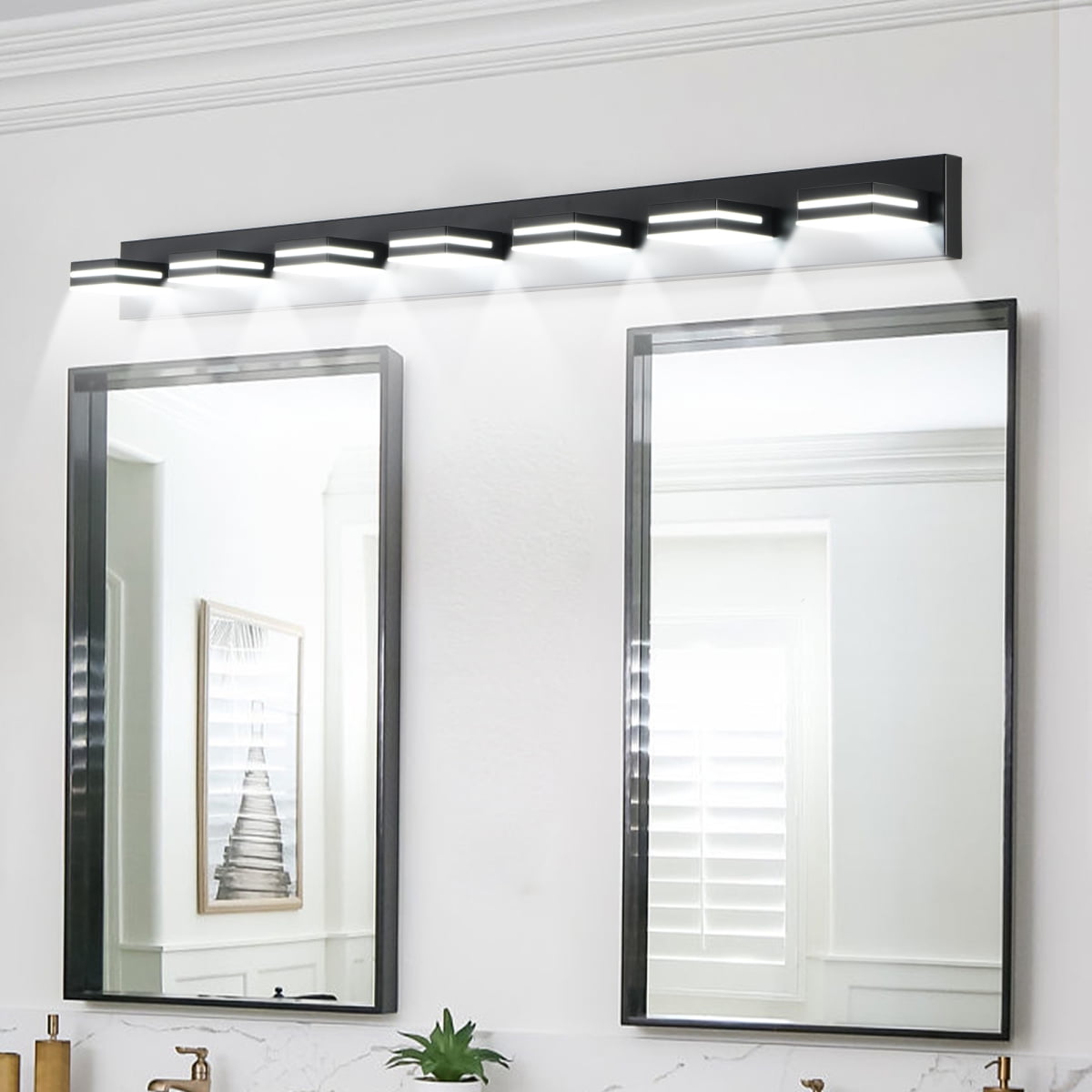Modern Black LED Vanity Light, 7-Lights Wall Sconce for Bathroom and Mirror, Sleek Minimalist Design, Energy-Efficient, Easy to Install On-Site