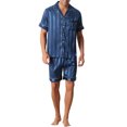 thumbnail image 2 of INSPIRE CHIC Men's Satin Button Down Striped Short Sleeve Shirt and Shorts Pajama Set M Blue, 2 of 6