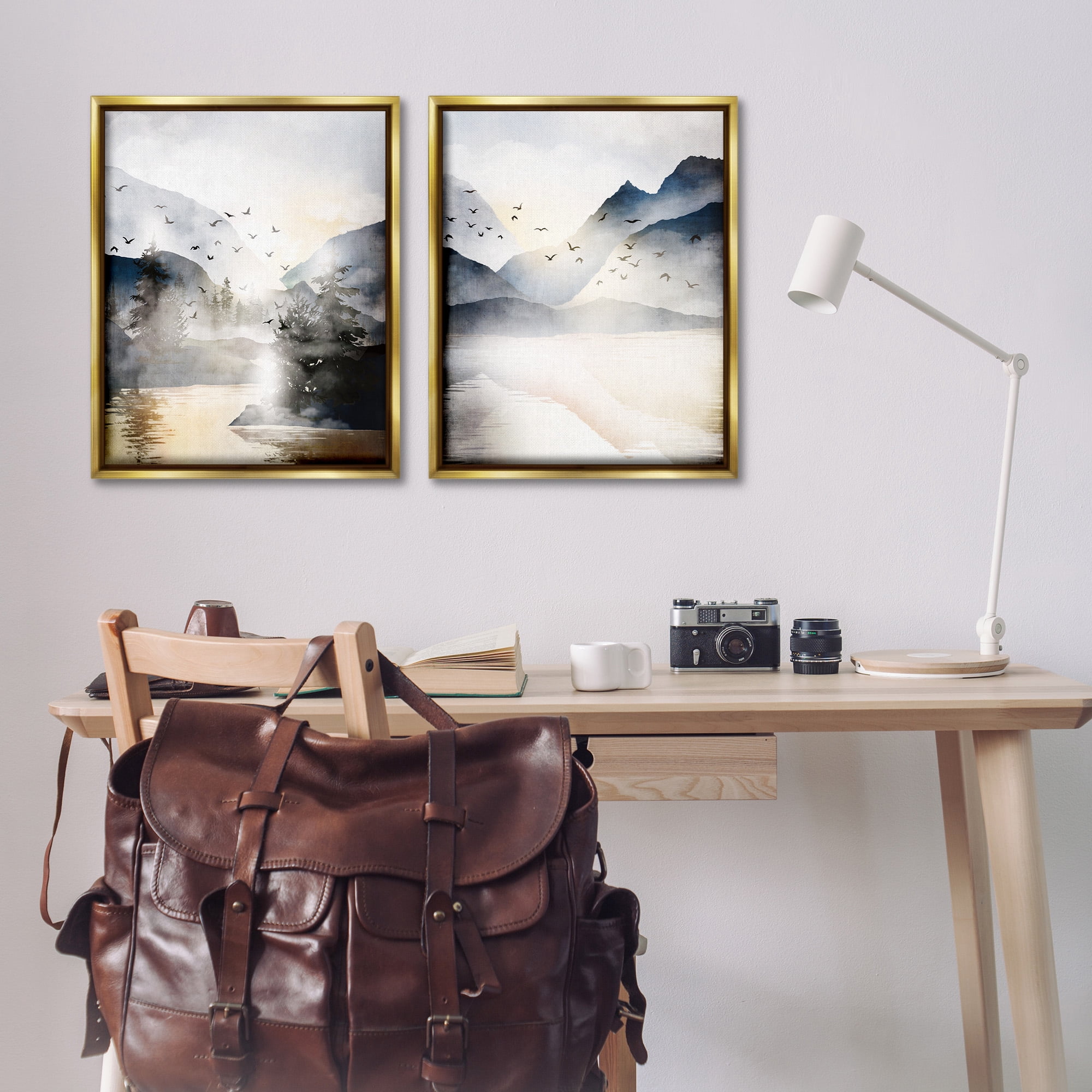Stupell Industries Sunlit Birds Over Lake Landscape Landscape Painting Gold Floater Framed Canvas Art Print Wall Art, 25 x 31, Set of 2
