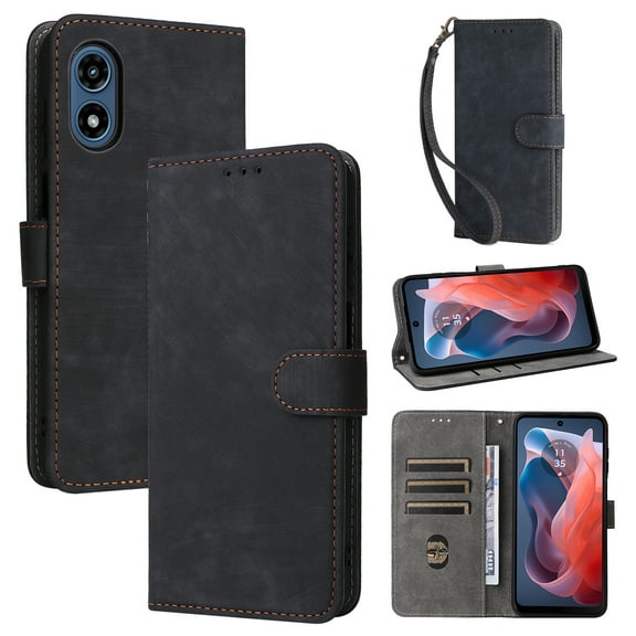 Wallet Case for Motorola Moto G Play 5G 2024,Card Slots[RFID Blocking],Durable Flip Folio Kickstand Magnetic Closure Retro Premium Leather Wallet Wrist Strap Shockproof Case, Black