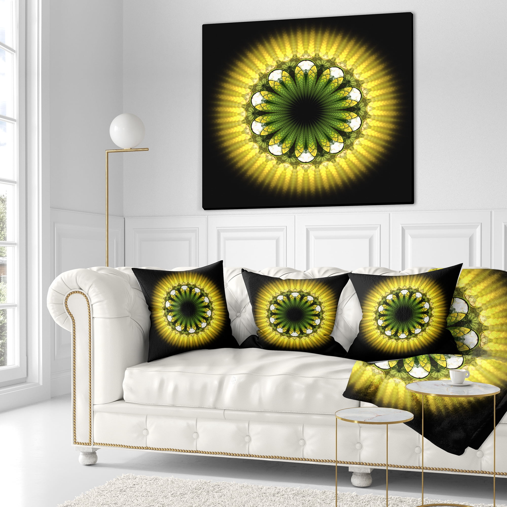 Designart Black Yellow Fractal Flower Pattern - Abstract Throw Pillow - 18x18