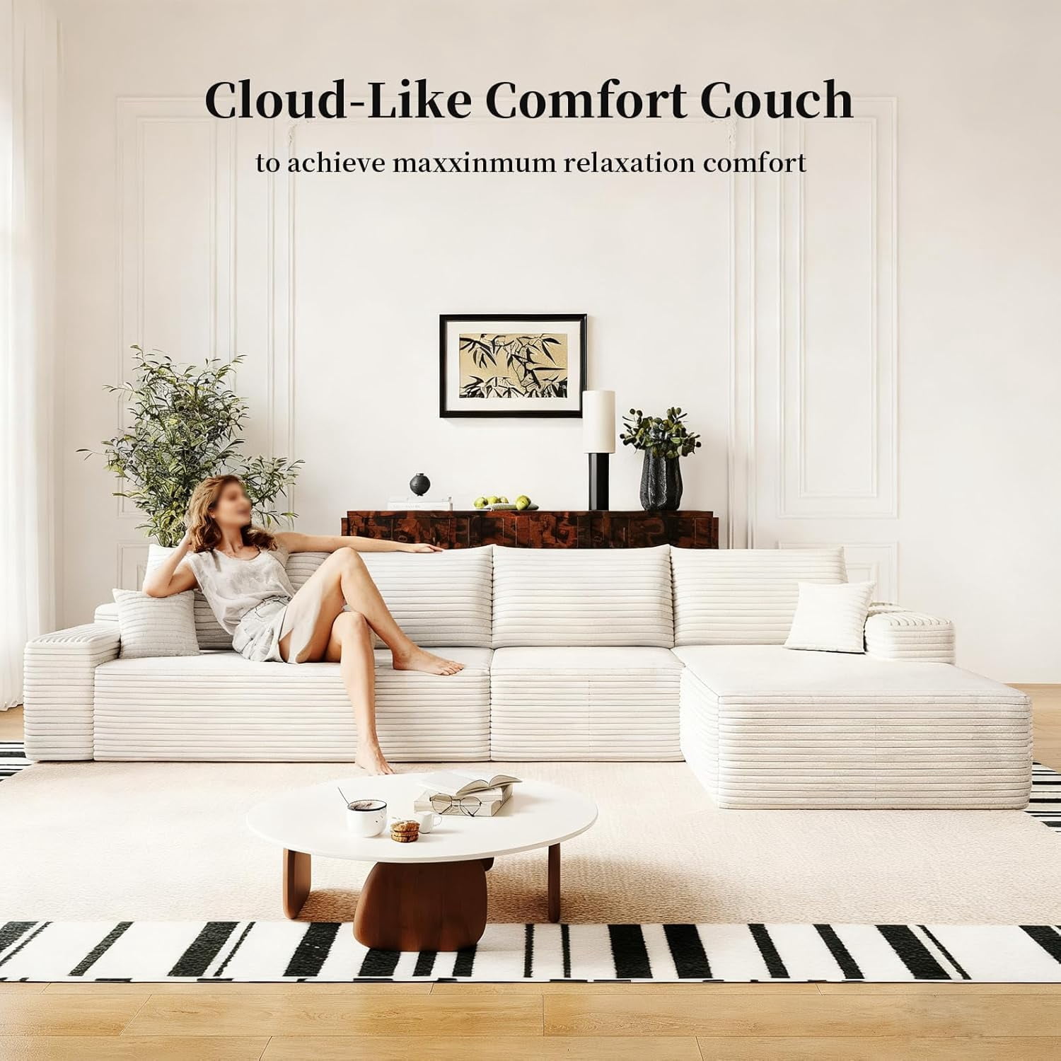 Sailvan 135" Cloud Sectional Couch, Cloudy Sofa with L-Shape Chaise, Upholstered Couches for Living Room & Bedroom, No Assembly Required, Plush Corduroy Fabric, Beige