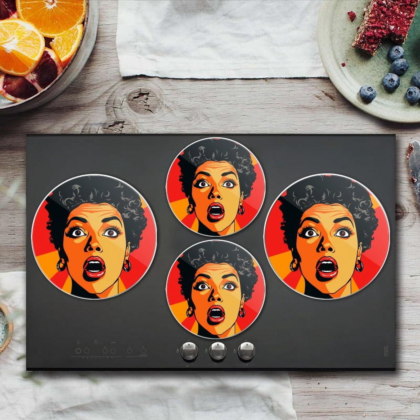 BaHomeck Electric Stove Burner Covers Set of 4,Round Metal Gas Stove Burner Covers 8 Inch and 10 Inch,Kitchen Decor,Black Woman With Short Hair And Surprised Facial Expression