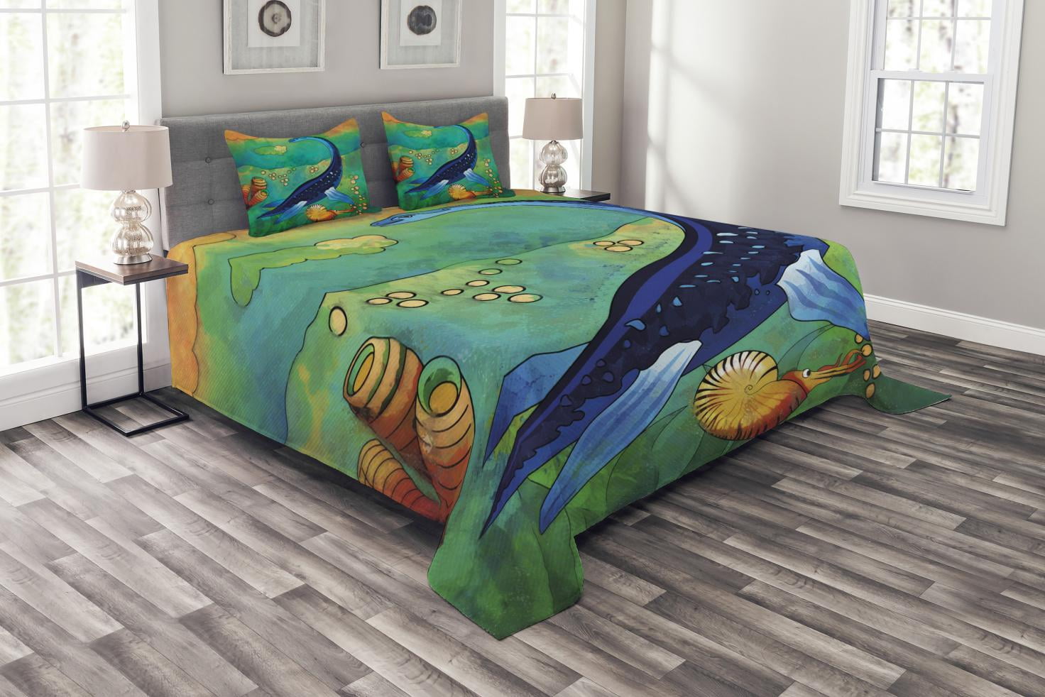 Dinosaur Bedspread Set Queen Size, Ancient Wild Sea Creature