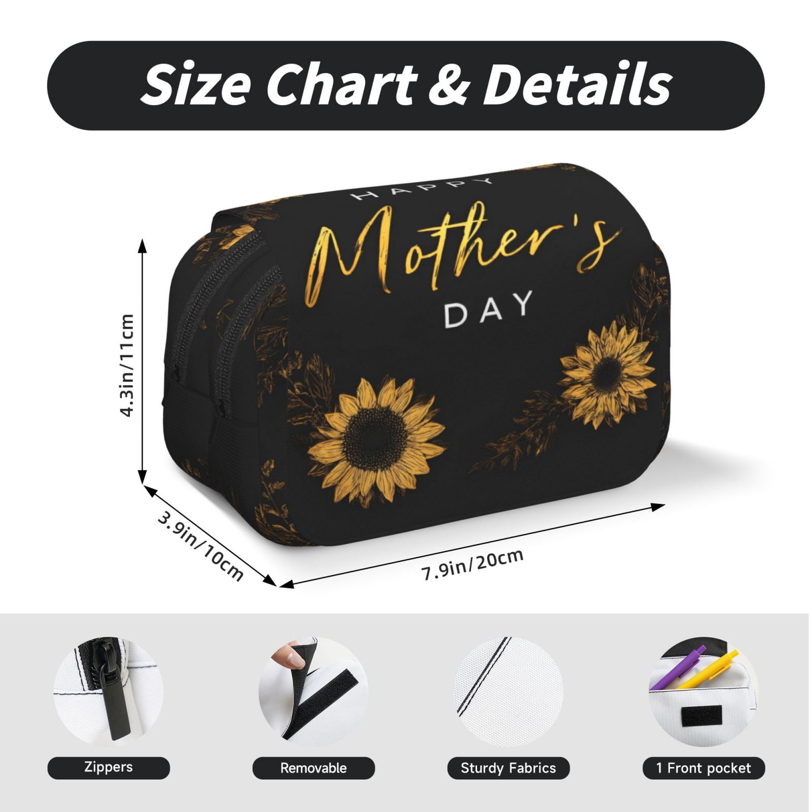 Large-Capacity Flip-Top Double-Layer Pencil Case, Multi-Functional Pocket Pen Case, Durable Stationery Organizer Sunflower Black Background Happy Mother'S Day
