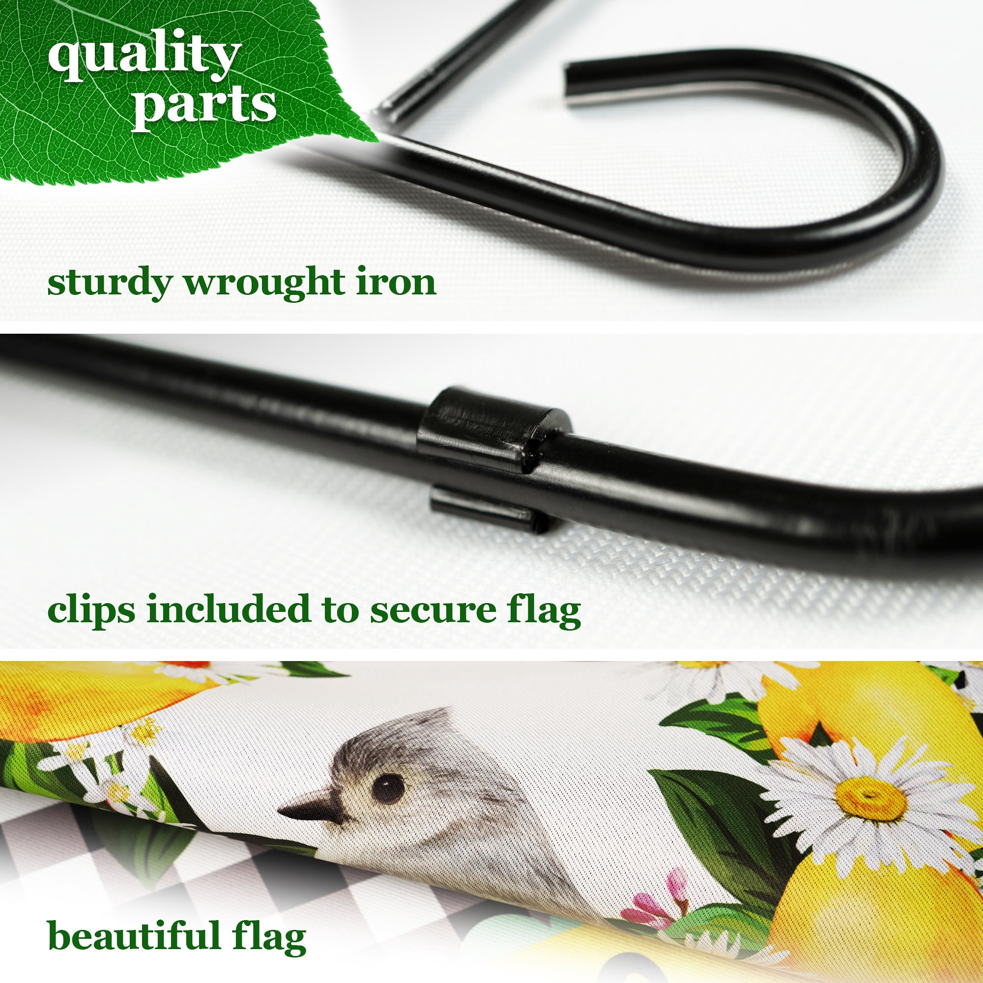 G128 Combo Pack: Garden Flag Stand Black 36 in x 16 in & Garden Flag Summer Decoration Welcome Bird with Fruit Wreath 12"x18" Double-Sided Blockout Fabric