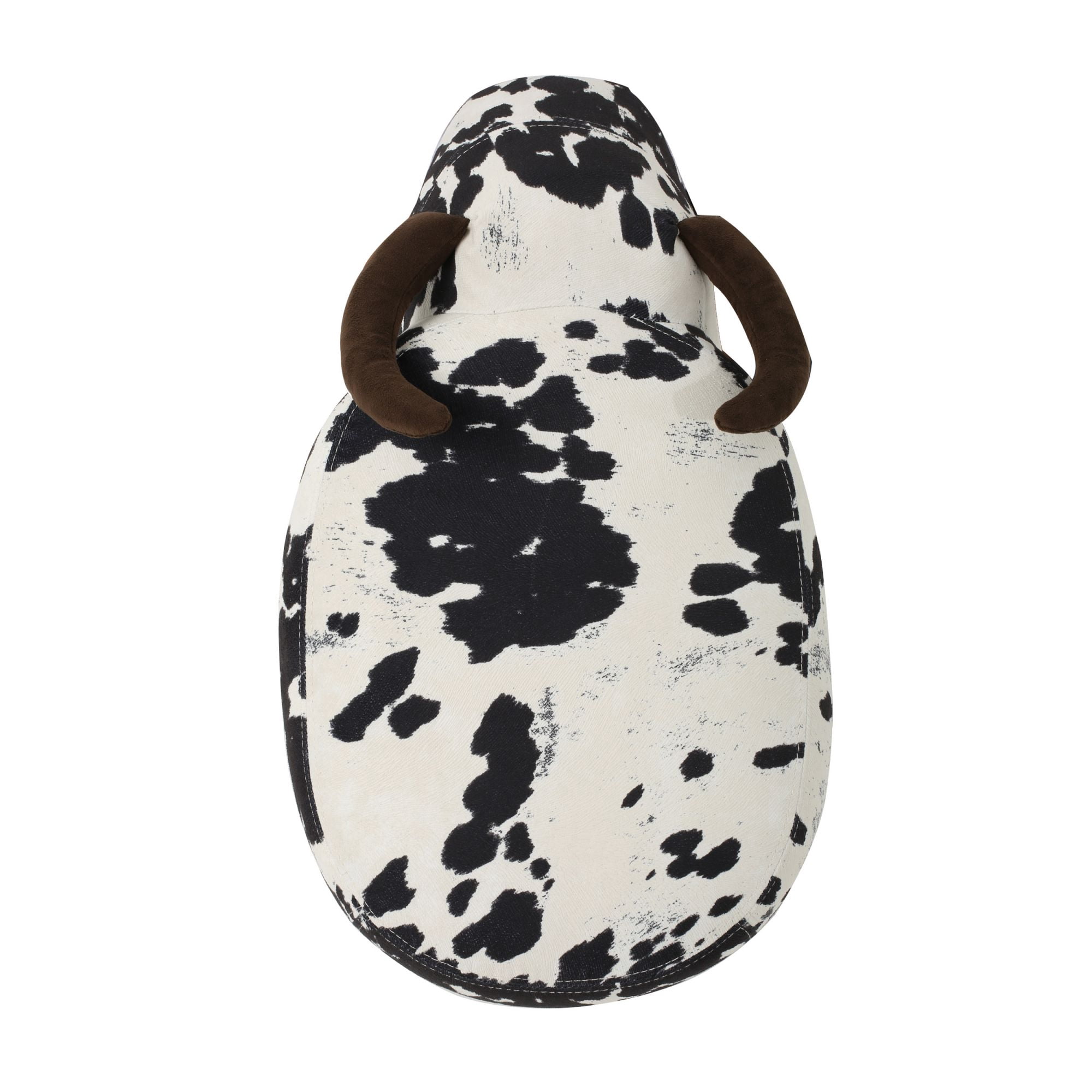 Cow-Shaped Ottoman with Velvet Horns and Birch Legs, Black and White Animal Footstool for Living Room and Bedroom