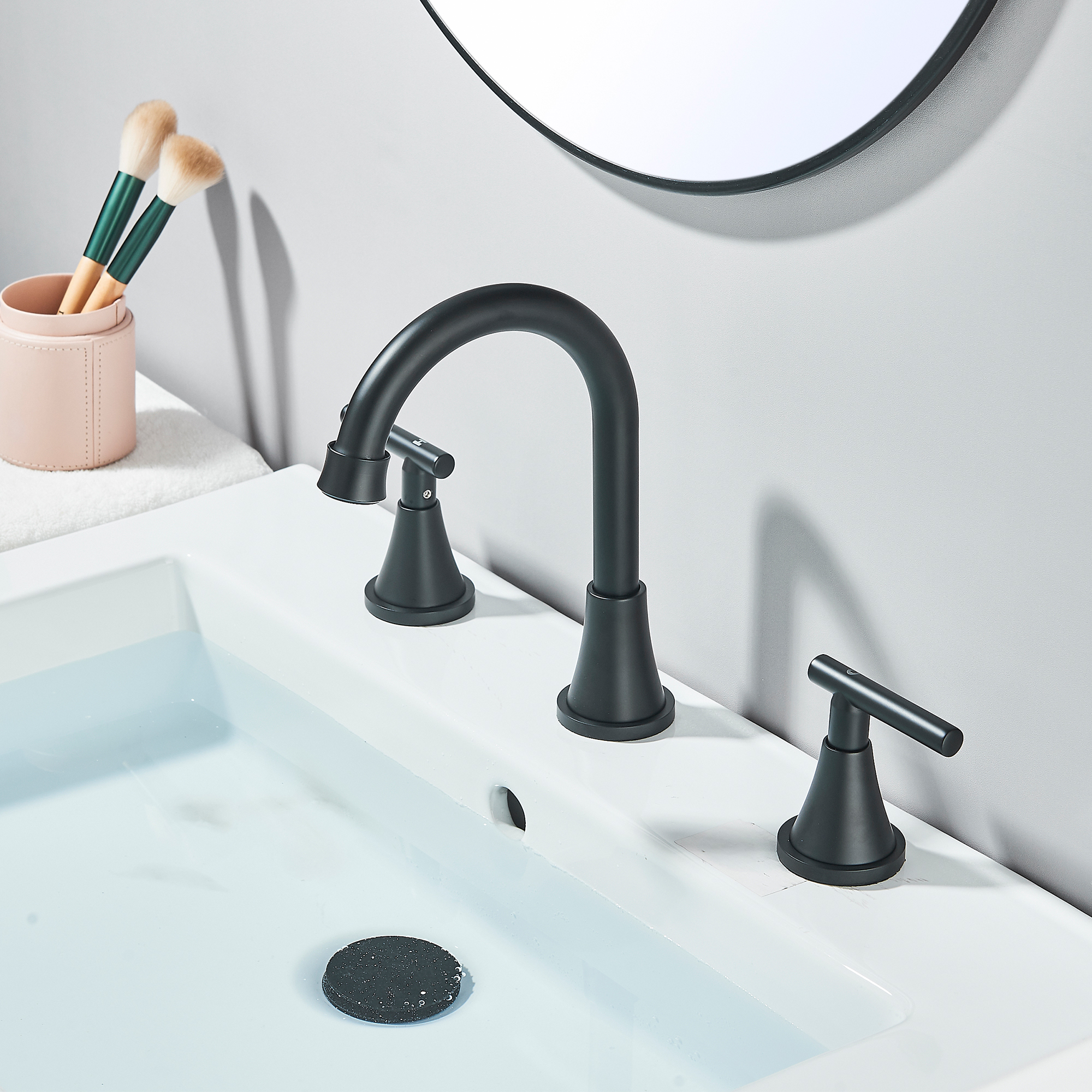 Zovajonia Matte Black  Bathroom Faucet 3 Hole Vanity, 2 Handle 360° Swivel 8 Inch Widespread Bathroom Sink Faucet , with Pop-up Drain, Supply Lines