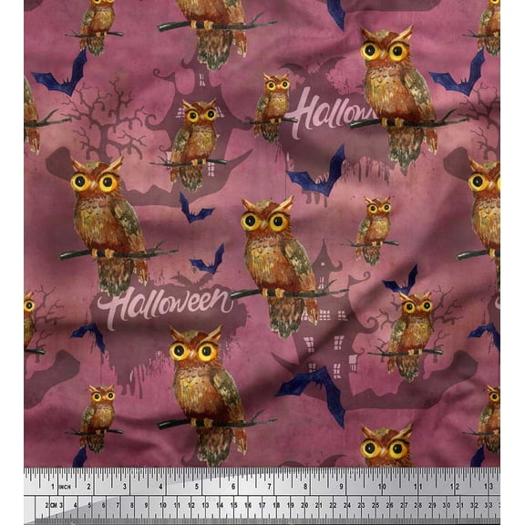 Soimoi Moss Georgette Fabric Owl,Bat & Haunted House Halloween Print Sewing Fabric Yard 42 Inch Wide